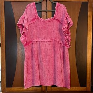 NWOT BiBi Pink Square Neck Ruffled Top w/Exposed & Frayed Seams & Ruffle Sleeves